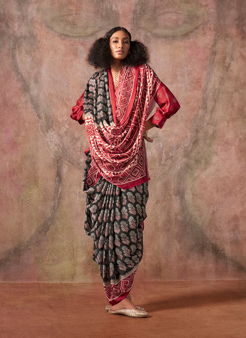 Black & Red Ajrakh Print Bandhej Pattern Satin Georgette Saree