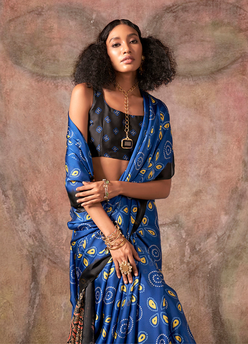 Blue & Black Ajrakh Print Bandhej Pattern Satin Georgette Saree