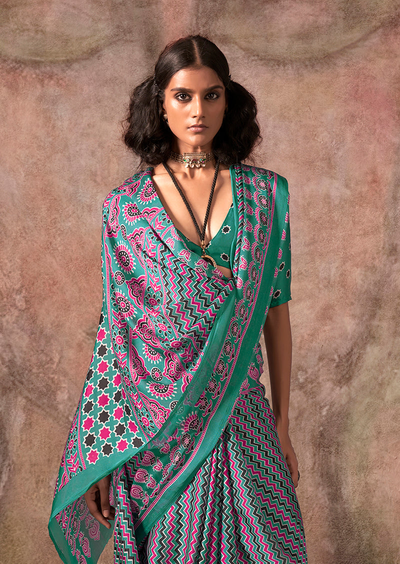 Monjolika Fashion Turquoise Color Ajrakh Print With Bandhej Pattern Satin Georgette Saree