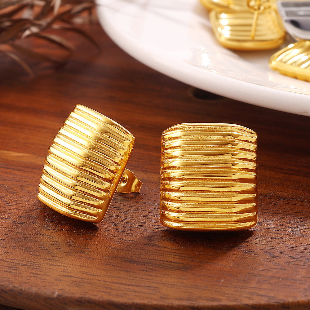 Korean Style Minimalist Striped Square Stud Earrings, 18K Gold Plated Stainless Steel, Elegant Daily Jewelry For Women