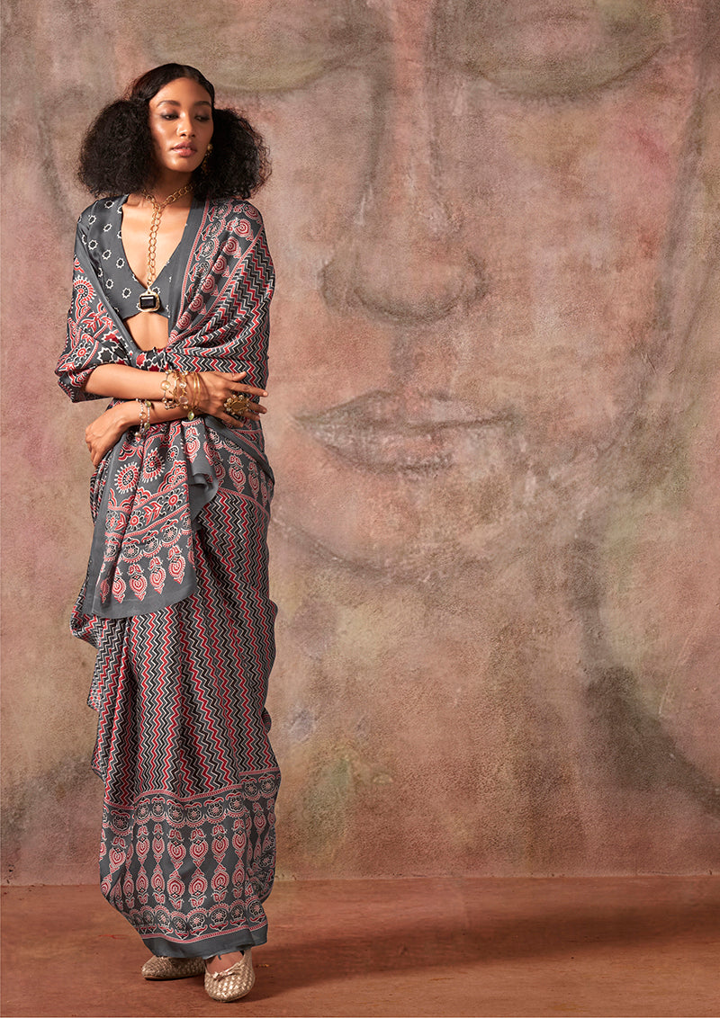 Grey Ajrakh Print and Bandhej Pattern Satin Georgette Saree