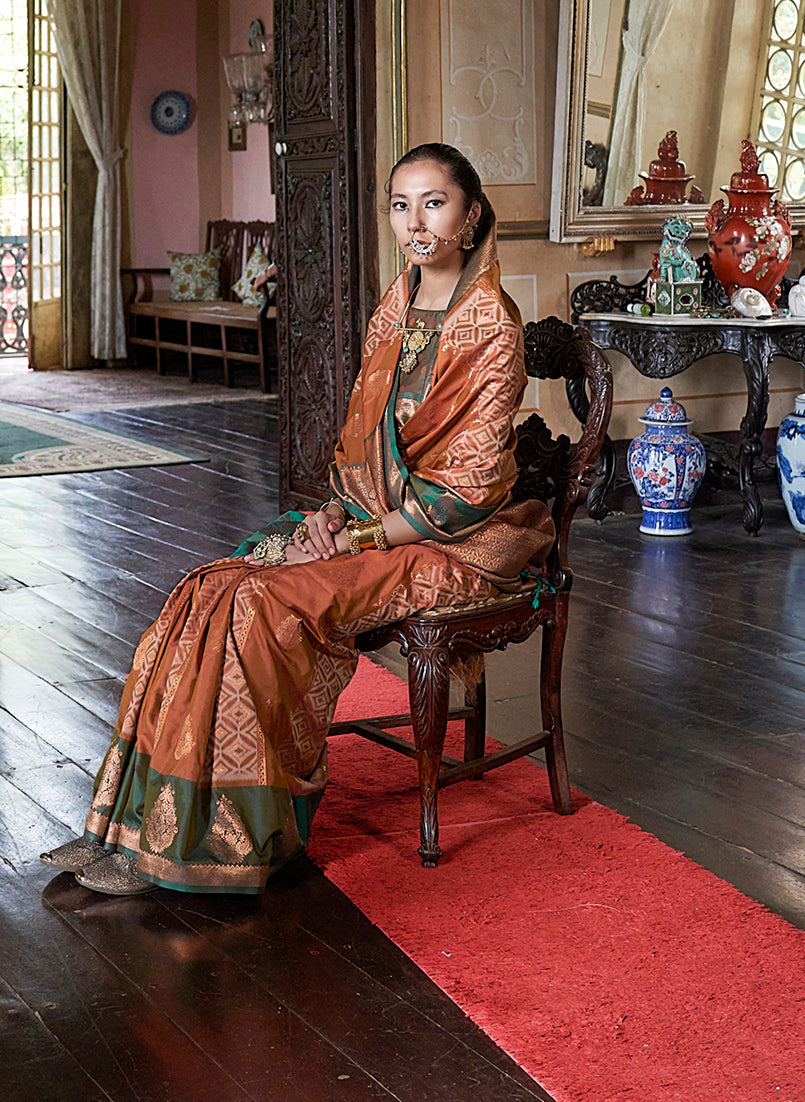 Rust Zari Woven Silk Traditional Indian Saree for Wedding Wear