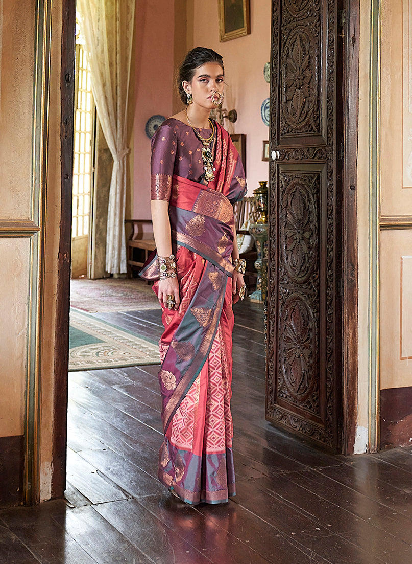 Monjolika Fashion Pink Zari Woven Work Silk Indian Traditional Wear Saree