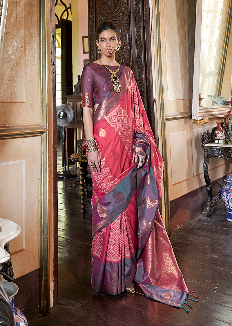 Pink silk saree featuring elegant Zari woven traditional patterns