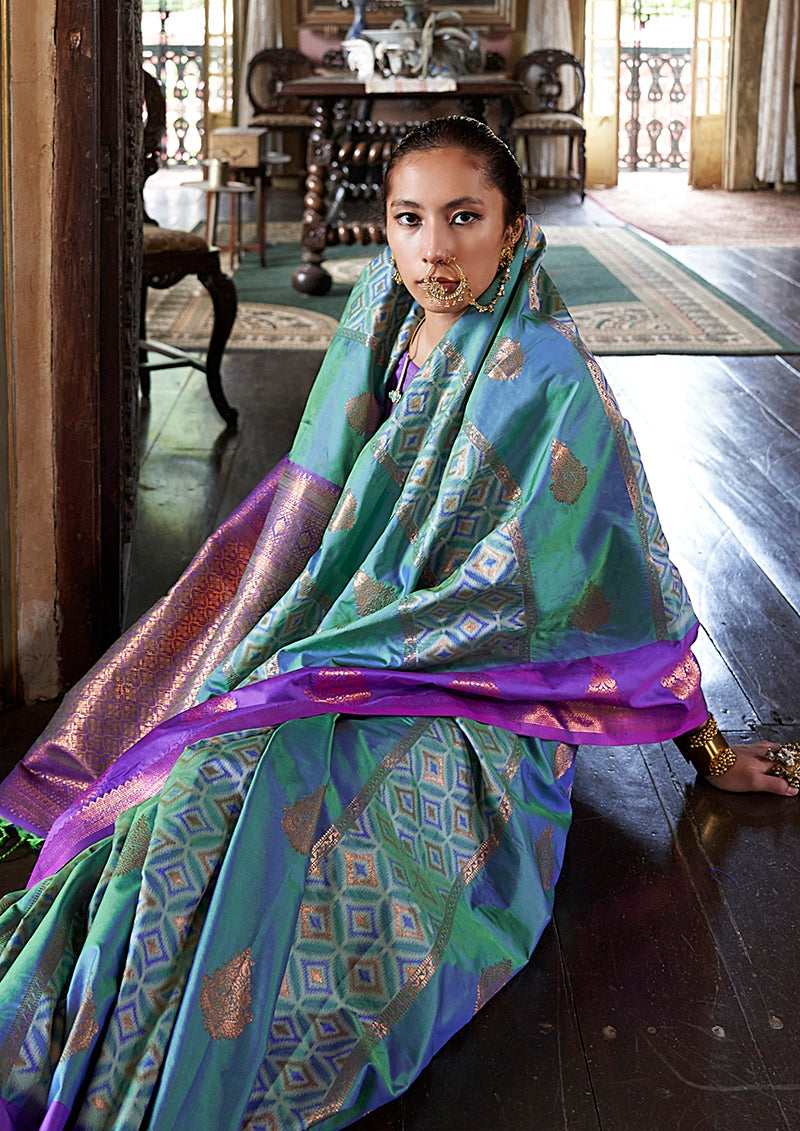 Monjolika Fashion Turquoise Zari Woven Work Silk Indian Traditional Wear Saree