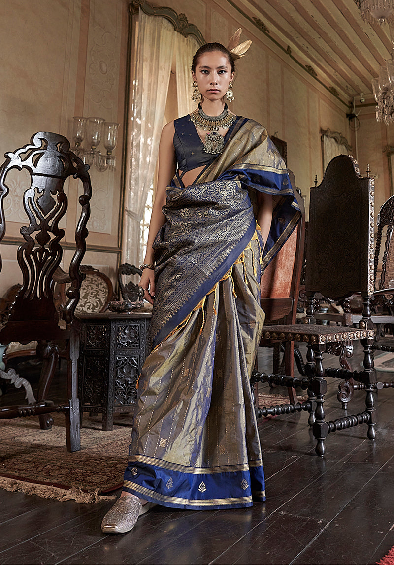 Monjolika Fashion Golden Exclusive Tussar Silk With Elegant Weaving Work Traditional Saree
