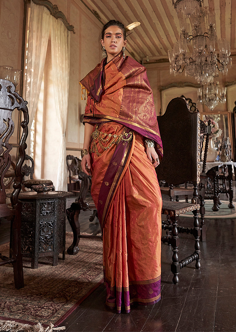 Rust Tussar Silk Saree with Elegant Traditional Weaving Work
