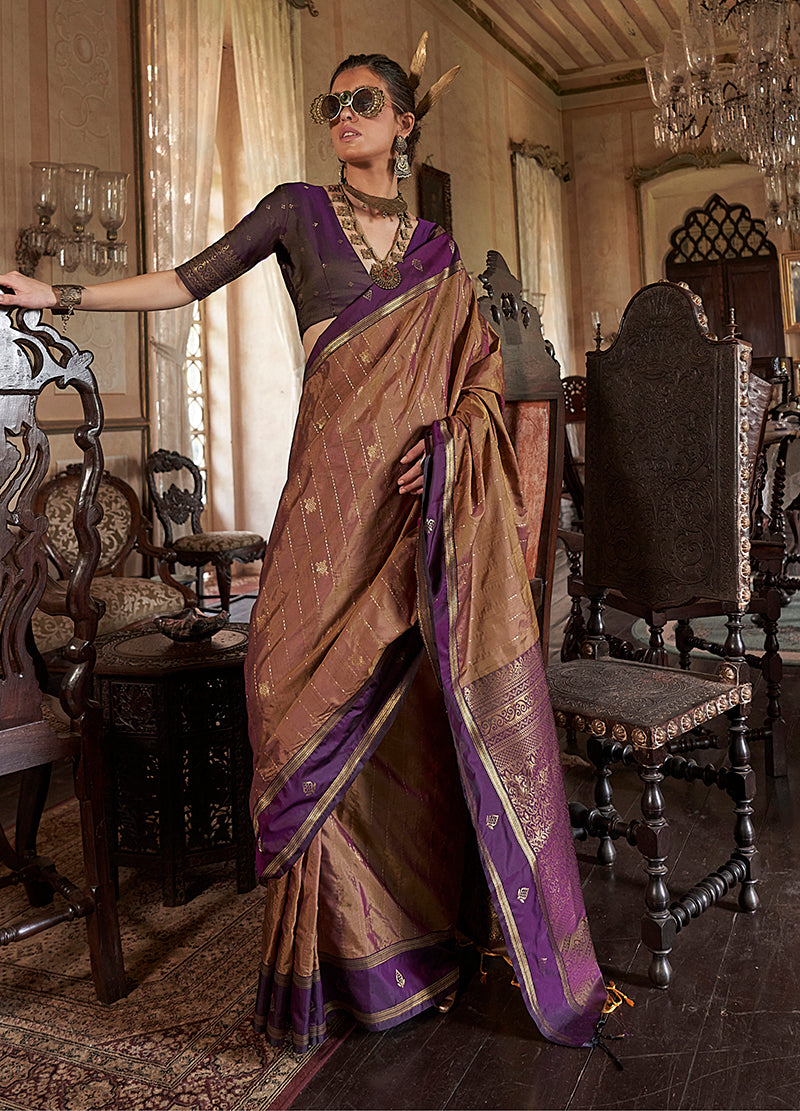 Elegant Brown Tussar Silk saree with intricate traditional weaving work