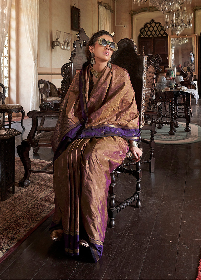 Brown Tussar Silk Saree with Elegant Traditional Weaving Work