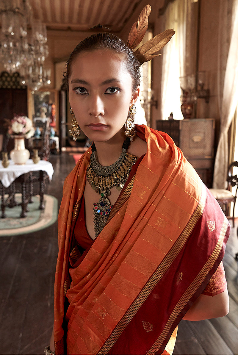 Orange Tussar Silk Saree with Elegant Traditional Weaving Work