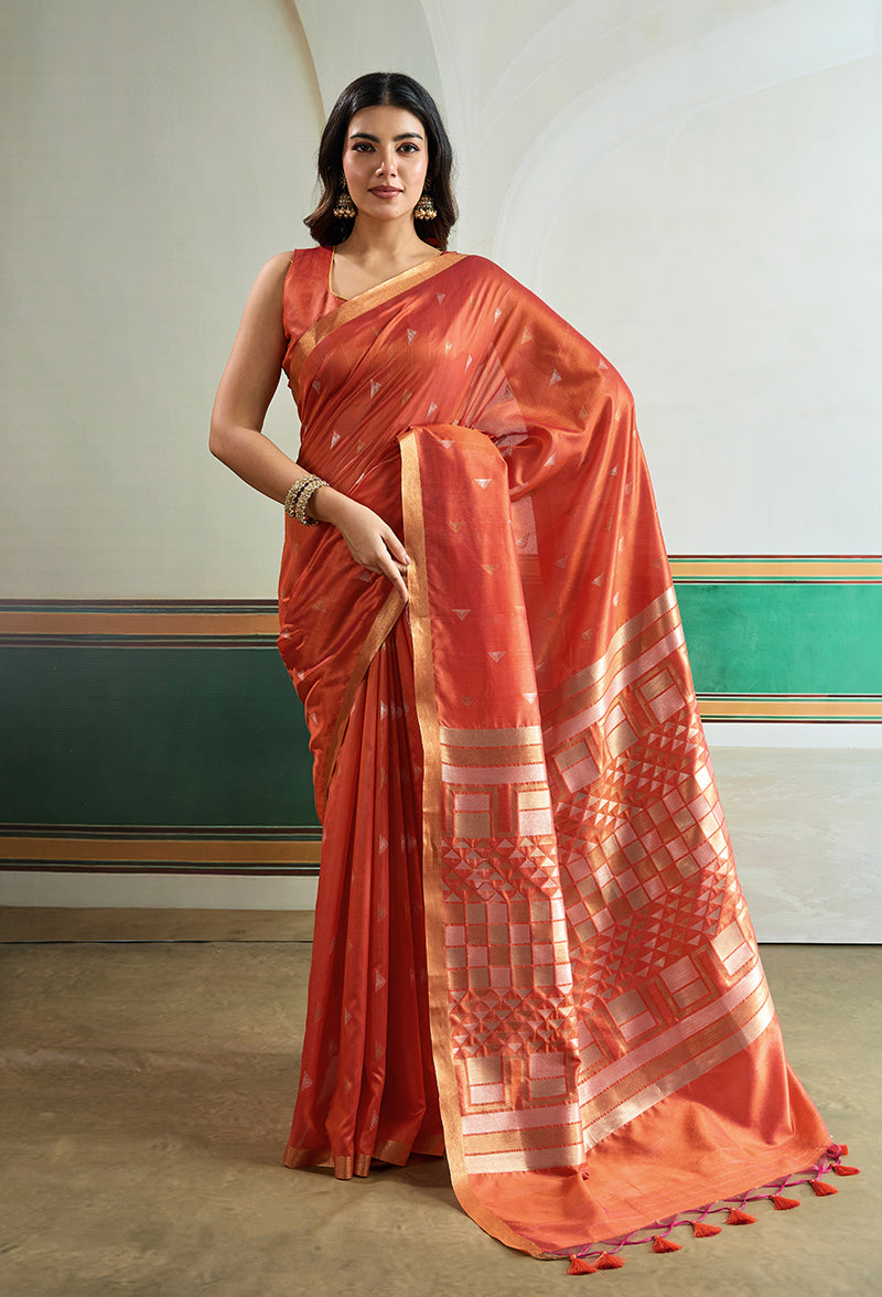 Monjolika Fashion Dark Peach Handloom Weaving Silk Festival Wear Saree