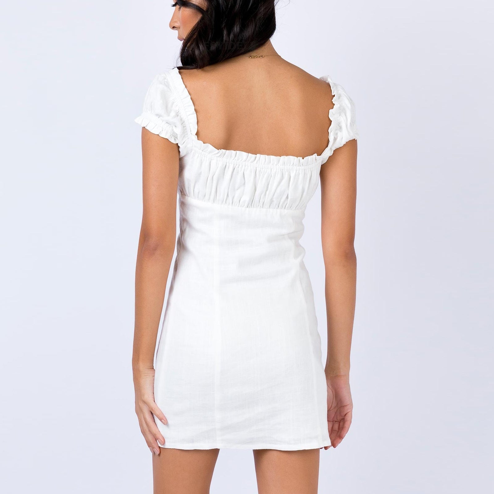 White Off-Shoulder Puff Sleeve Lace-Up Mini Sheath Dress - Image 5