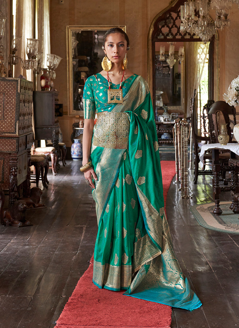 Monjolika Fashion Teal Color Two Tone Handloom Weaving Silk Traditional Saree