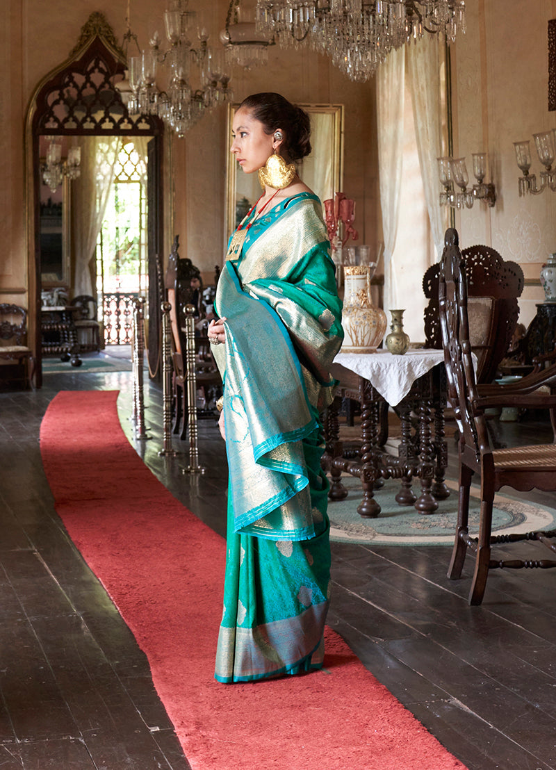 Monjolika Fashion Teal Color Two Tone Handloom Weaving Silk Traditional Saree
