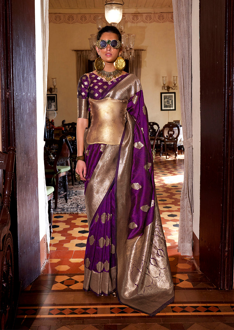 Purple two-tone handloom woven silk saree with a traditional aesthetic