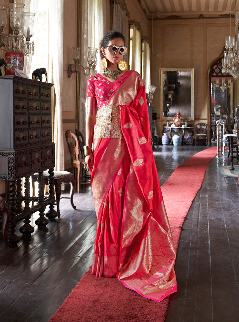 Pink two tone handloom silk saree with intricate traditional weaving