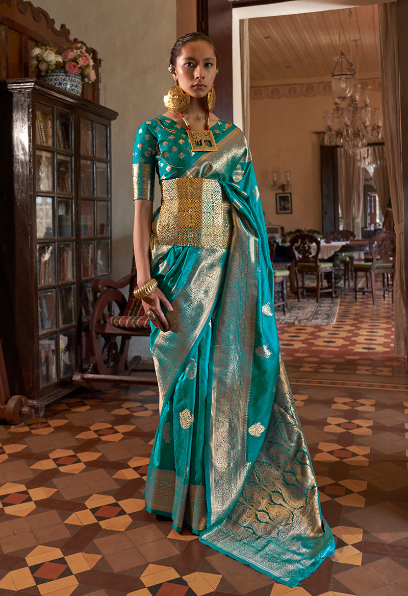 Monjolika Fashion Turquoise Color Two Tone Handloom Weaving Silk Traditional Saree