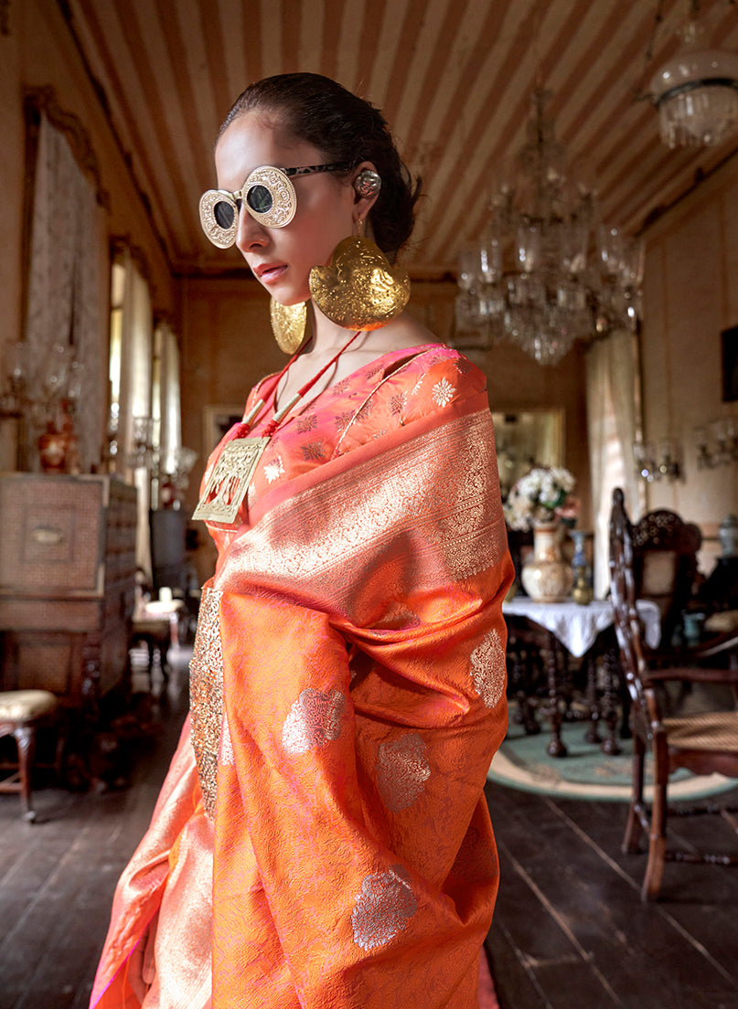 Monjolika Fashion Orange Color Two Tone Handloom Weaving Silk Traditional Saree
