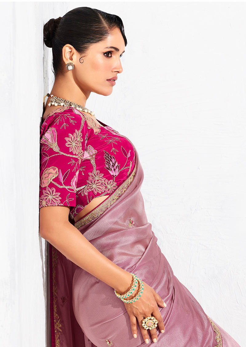 Pink Fancy Fabric Embroidered Contemporary Saree for Parties
