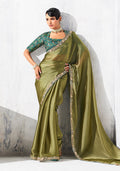 Olive green fancy tissue saree with embroidered details