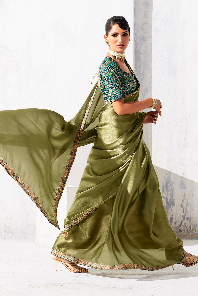Olive Green Fancy Fabric Saree with Contemporary Embroidery