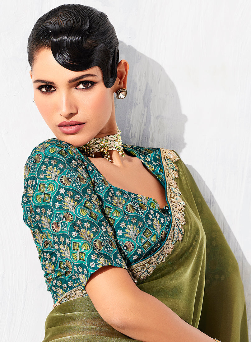 Olive Green Fancy Fabric Saree with Contemporary Embroidery