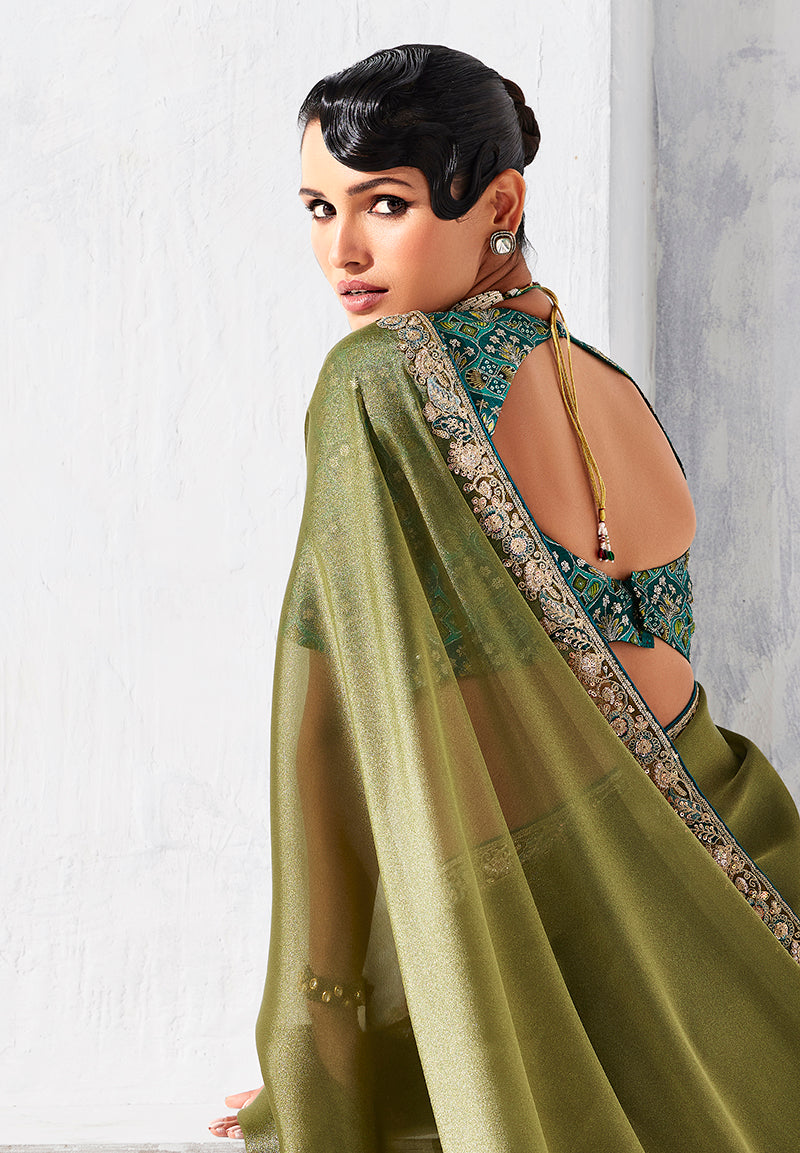 Olive Green Fancy Fabric Saree with Contemporary Embroidery