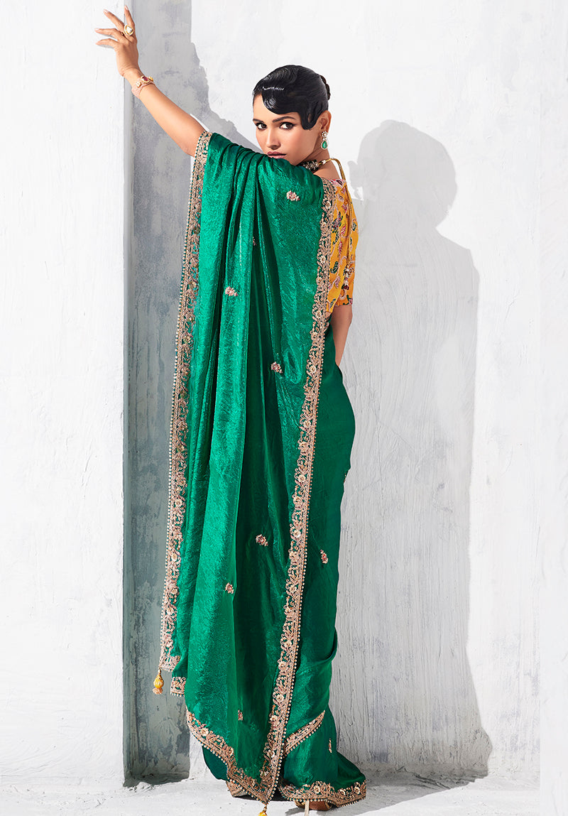 Monjolika Fashion Teal Fancy Fabric Embroidered Contemporary Saree