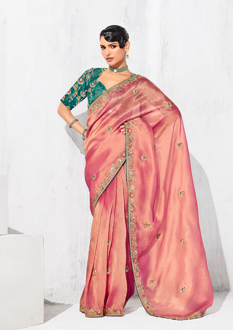 Pink embroidered fancy fabric saree for party wear