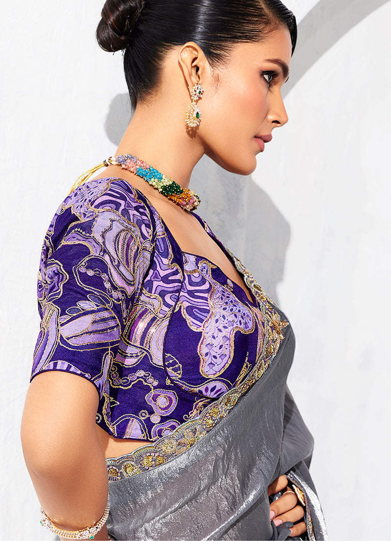 Grey Fancy Tissue Embroidered Contemporary Party Saree