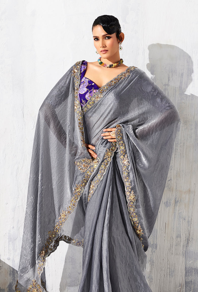 Grey Fancy Tissue Embroidered Contemporary Party Saree