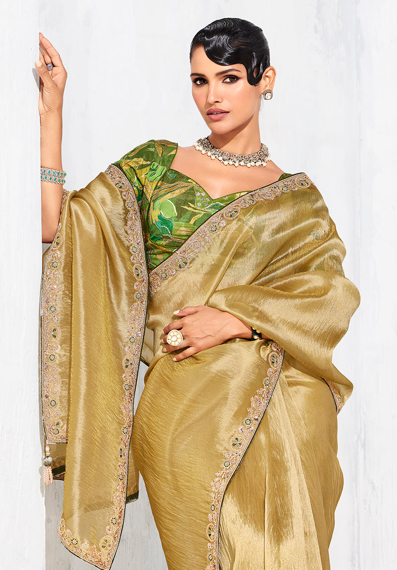 Golden Fancy Silk Embroidered Saree with Vibrant Green Blouse