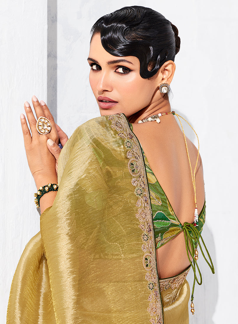 Golden Fancy Silk Embroidered Saree with Vibrant Green Blouse