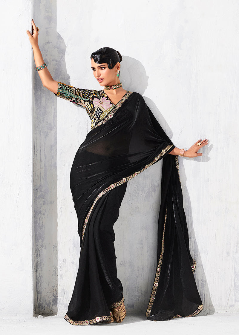Black fancy tissue embroidered saree with luxurious shine