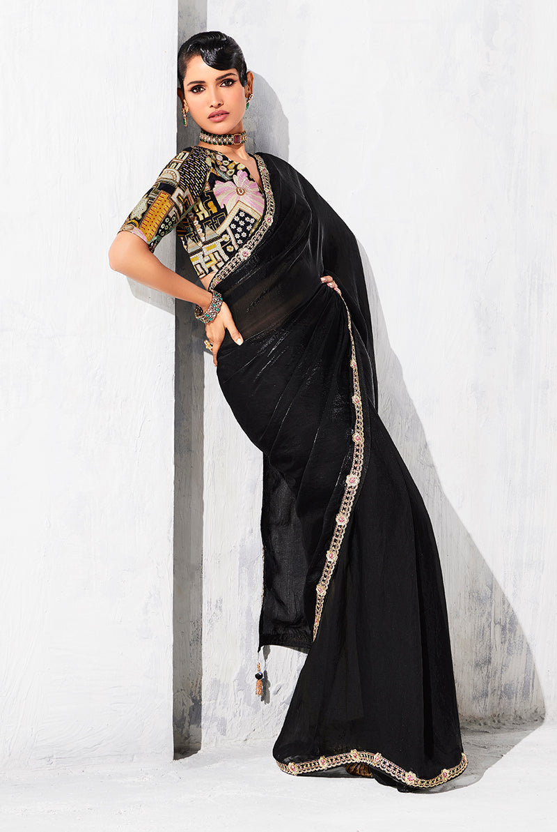Black Fancy Tissue Embroidered Contemporary Party Saree