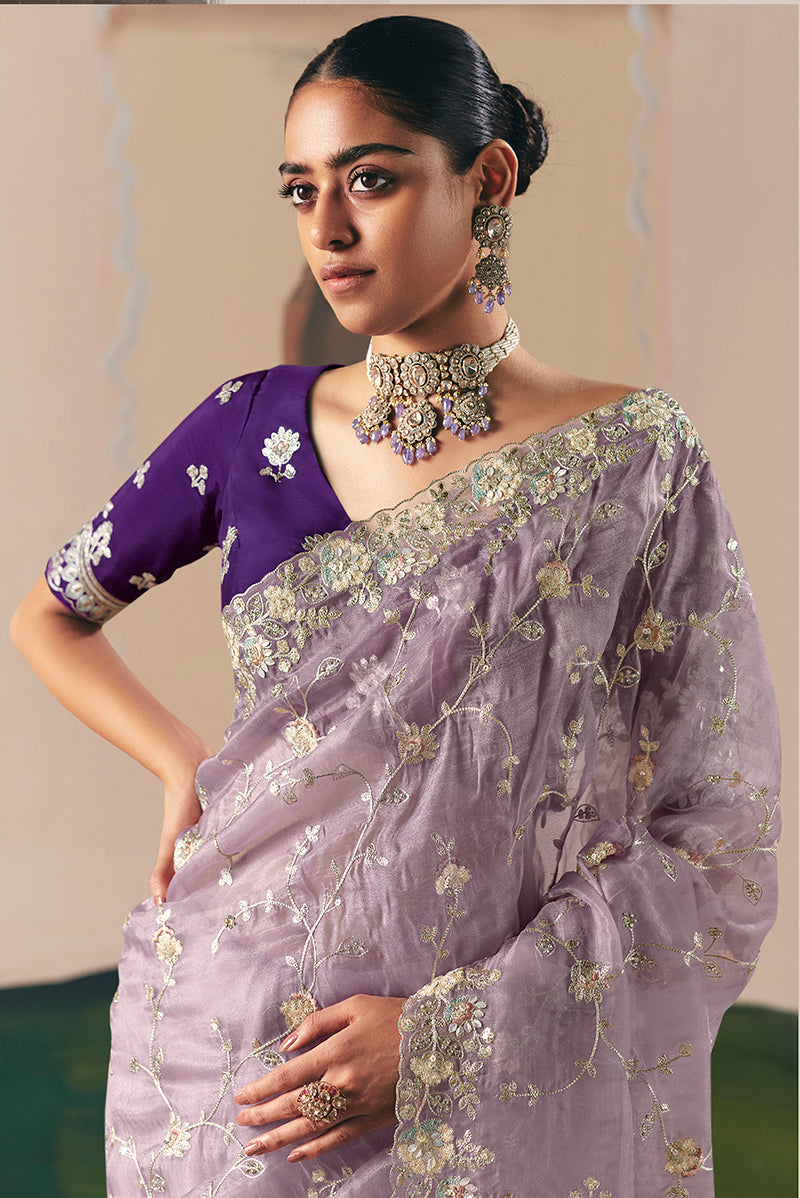 Lilac Embroidered Designer Saree with Sequins and Zari Work