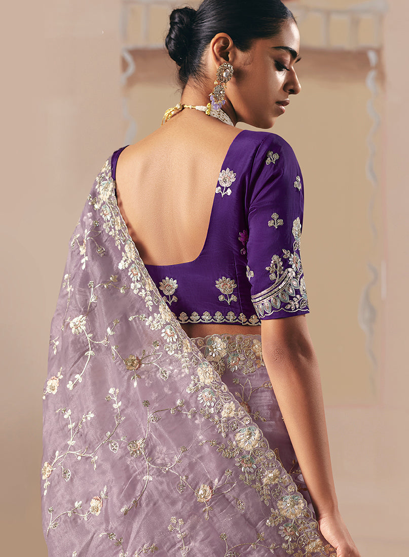 Lilac Embroidered Designer Saree with Sequins and Zari Work