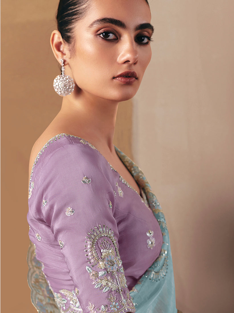 Monjolika Fashion Embroidered Sky Blue Fancy Fabric Party Designer Saree