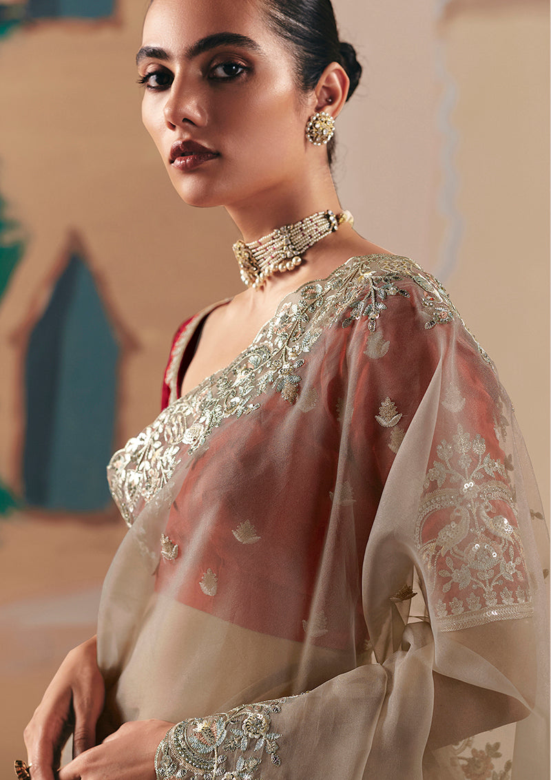 Monjolika Fashion Embroidered Beige Fancy Fabric Party Designer Saree