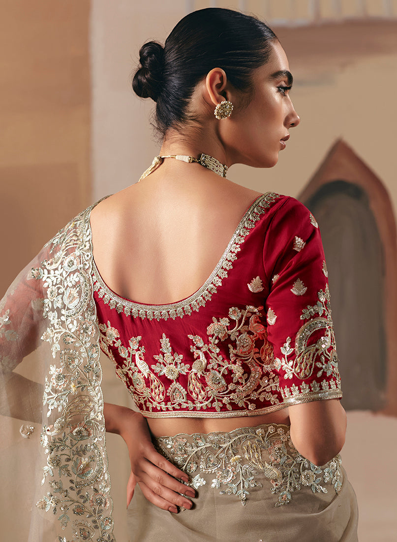 Monjolika Fashion Embroidered Beige Fancy Fabric Party Designer Saree