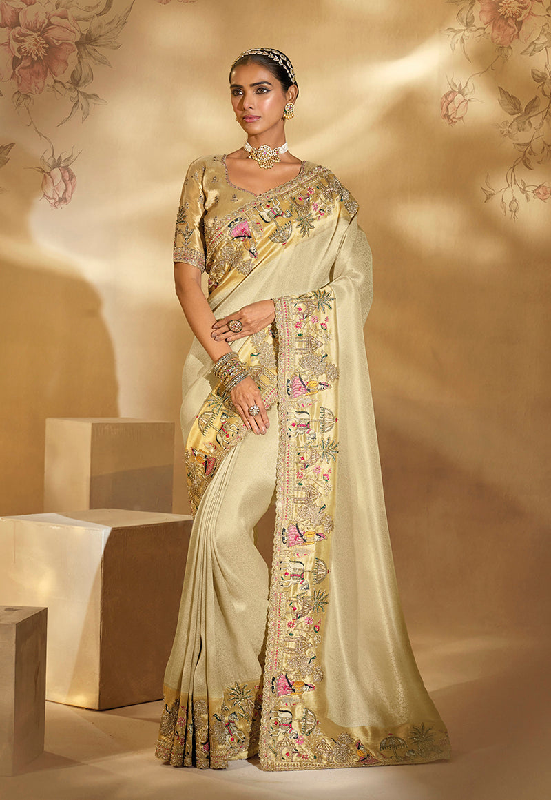 Monjolika Fashion Surpassing Cream Embroidery Cut Dana Moti Work Ziraf Silk Saree With Heavy Work Blouse Piece