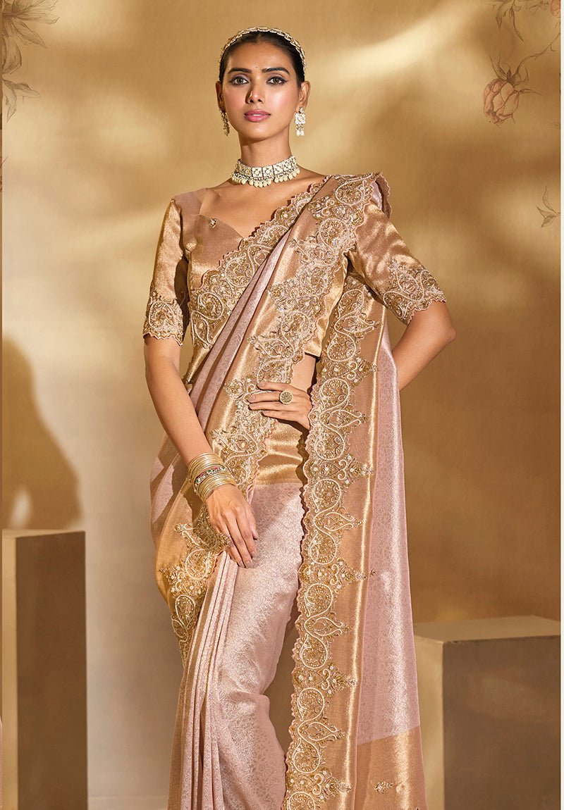 Light Pink Ziraf Silk Saree with Cut Dana & Moti Embroidery