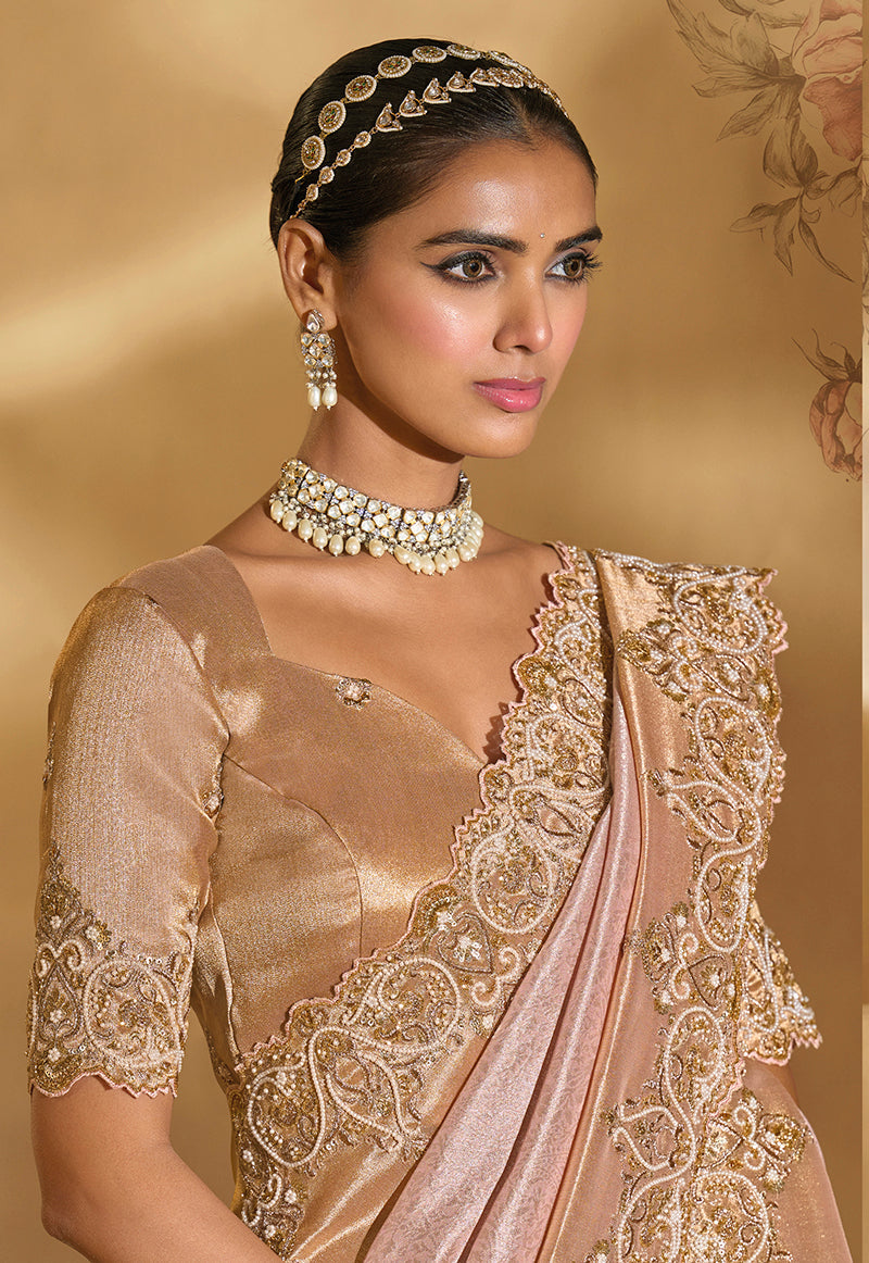 Light Pink Ziraf Silk Saree with Cut Dana & Moti Embroidery