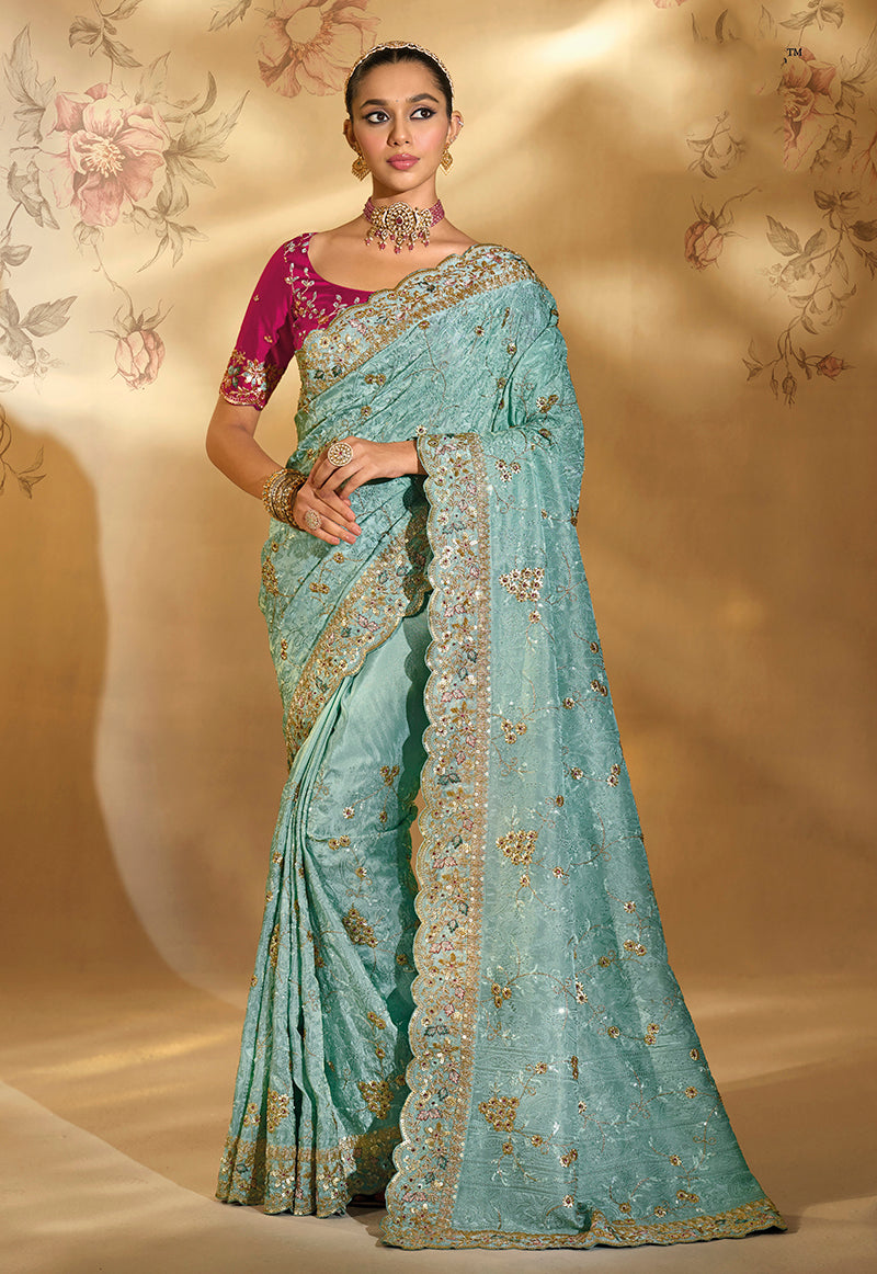 Sky Blue Ziraf Silk Saree with Cut Dana Moti Embroidery Work
