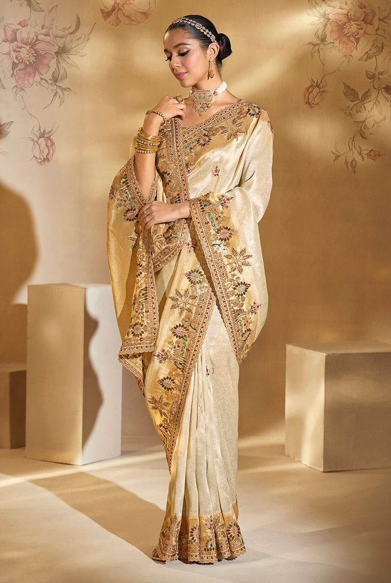 Monjolika Fashion Surpassing Cream Embroidery Cut Dana Moti Work Ziraf Silk Saree With Heavy Work Blouse Piece