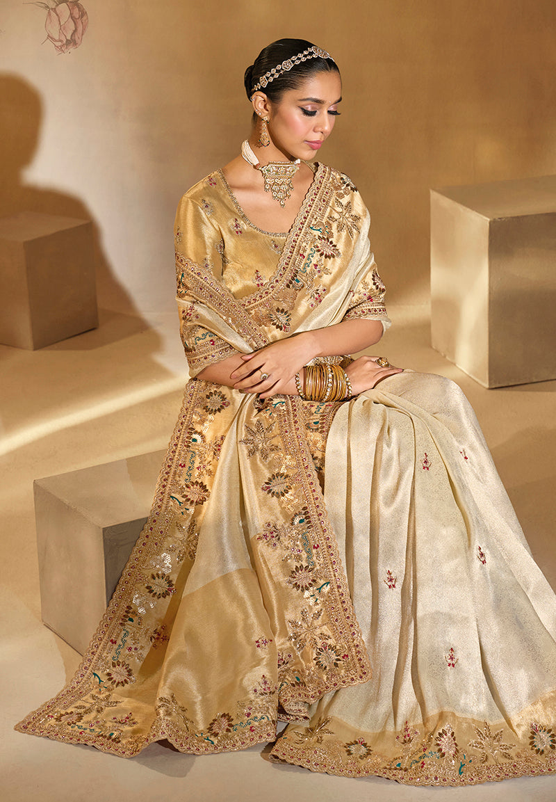 Monjolika Fashion Surpassing Cream Embroidery Cut Dana Moti Work Ziraf Silk Saree With Heavy Work Blouse Piece