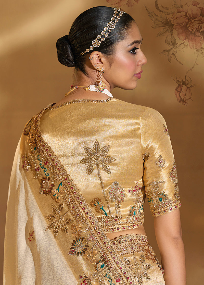 Monjolika Fashion Surpassing Cream Embroidery Cut Dana Moti Work Ziraf Silk Saree With Heavy Work Blouse Piece