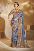 Lavender silk blend saree with intricate Cut Dana and Moti embroidery.