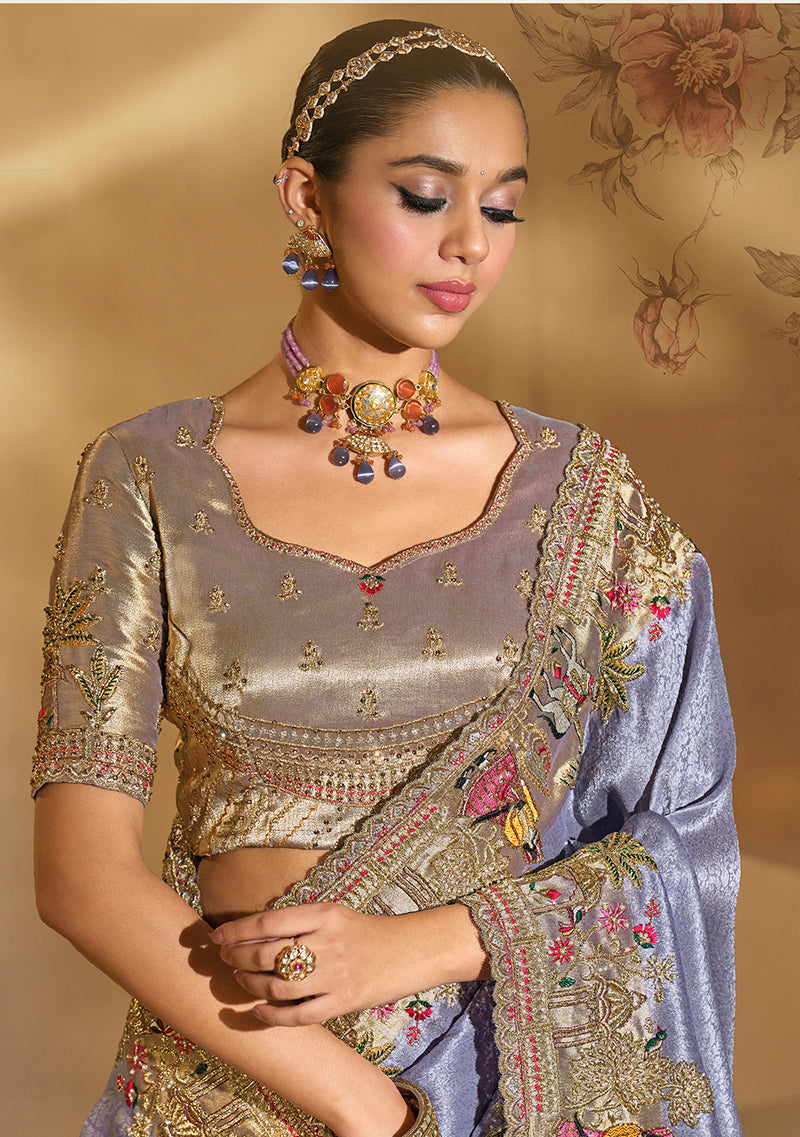Lavender Silk Blend Saree with Heavy Embroidery and Moti Work