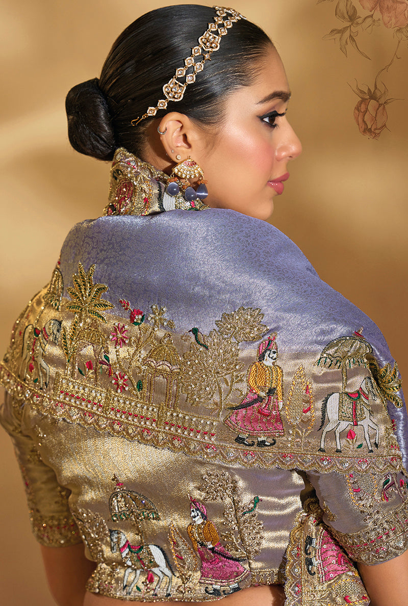 Lavender Silk Blend Saree with Heavy Embroidery and Moti Work